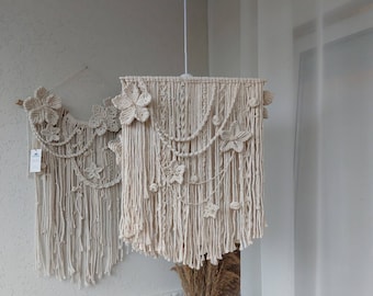 Chandelier flowers macrame lamp shade, Ivory pendant light, Bohemian Fringe lampshade, Light flower lamp, Macrame flower, Lotus flower lamp