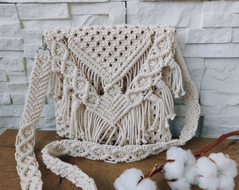 Over the shoulder ladies ivory bag Summer boho handmade crossbody for women Woven bag with tassel Cotton aesthetic macrame crossover bag