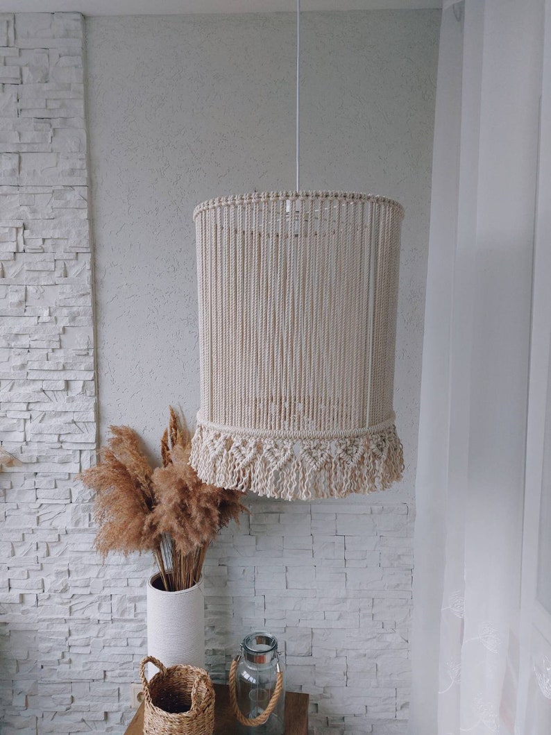 Minimalista Gran Macrame Lámpara colgante sombra Moderna Boho lámpara de araña iluminación Fringe pantalla Cottagecore decoración Luces de techo cubierta imagen 3