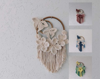 Ivory maсrame wall hanging, Butterfly and flowers macrame wall decor, Butterfly decor, Macrame flower, Boho wall decor, Cottagecore decor