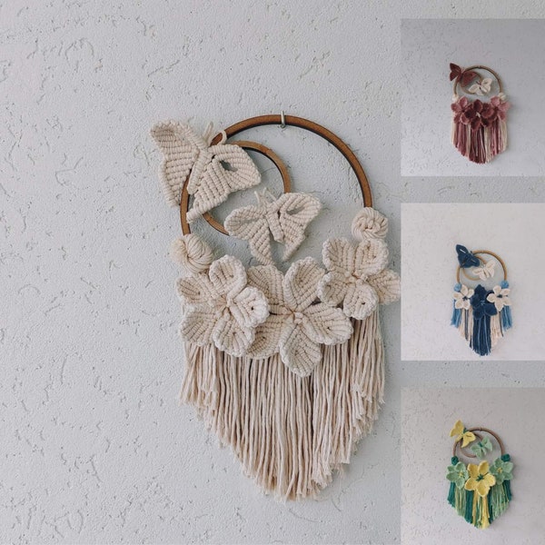 Ivory maсrame wall hanging, Butterfly and flowers macrame wall decor, Butterfly decor, Macrame flower, Boho wall decor, Cottagecore decor