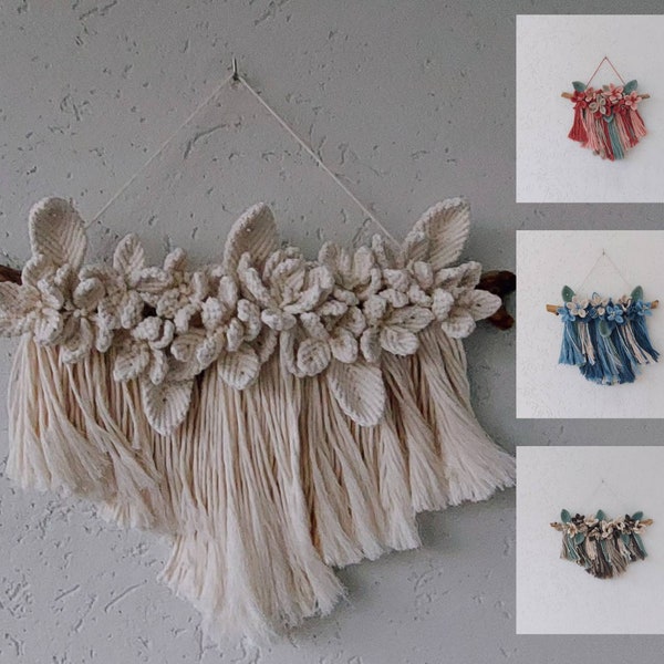 Makramee-Wandbehang, Weiße Makramee-Boho-Wanddekoration, Makramee-Blume, Blumenwand, Blumenwandbehang, Blumenwandbehang, Cottagecore-Dekor