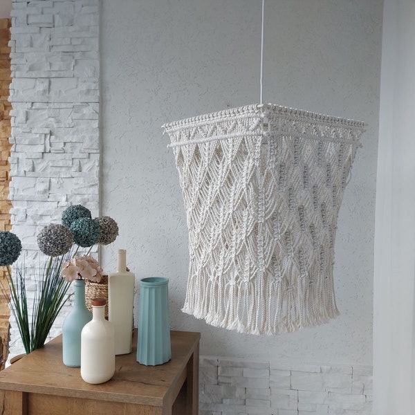 Ivory macrame cotton pendant light fixture Boho lamp shade square Macrame chandelier modern Cottagecore decor Handmade fringe lampshade