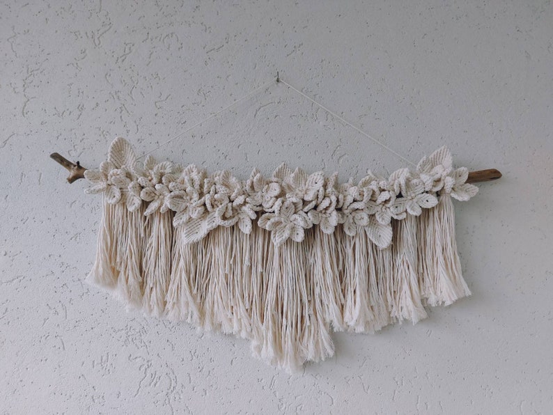 Macrame wall hanging White Flower wall hanging Flower tapestry Fake flowers for wall Boho wall decor Floral macrame panel Cottagecore decor image 3