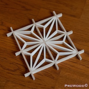 May include: A wooden geometric lattice with a starburst pattern. The lattice is made of thin strips of wood that are joined together to create a complex design. The lattice is a light brown color and has a natural wood finish.