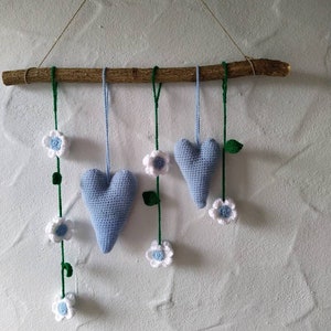Wall Hanging Window Decoration Branch Mobile Mother&#39;s Day Gift Hearts Tilda Flowers Gift Wedding Love Light Blue Red