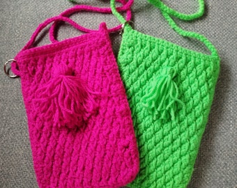 Handytasche  Mini Bag Crossover Boho Style Gehähkelt Pink Neongrün