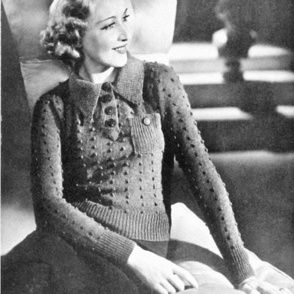 1930s Collar Jumper, Vintage Knitting Patterns, Vintage Jumper Downloadable PDF, 1930s Bobble Sweater, Breast-Pocket Jumper PDF