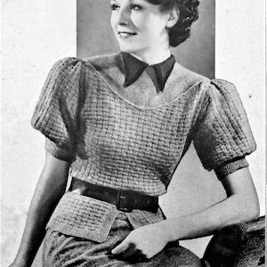 Knitting Patterns 1930s Sweater, Vintage Short Sleeved Jumper Downloadable PDF, 1930s Knitting pattern, Vintage Knitting Patterns