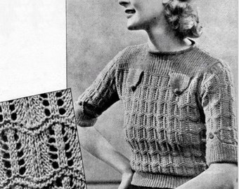 Knitting Patterns 1930s Sweater, Short Sleeved Lace Stitch Jumper PDF,  Jumper With Tabs and Cuffs PDF,  Vintage 1930 Knitting Downloadable