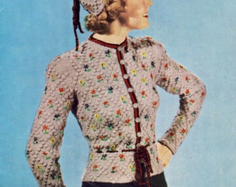 Knitting Patterns Cardigan, Tyrolean Jacket PDF,  Vintage Cardigan Downloadable PDF, 1940s 1930s Knitting Pattern, 1940s Knit Embroided Coat