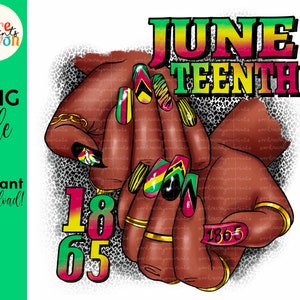 Puede incluir: Una ilustración digital de dos manos con arte de uñas colorido. Las manos están entrelazadas y las uñas están pintadas con diseños rojos, amarillos, verdes y negros. El texto "JUNE TEENTH" está escrito en una fuente colorida sobre las manos. Los números "1865" están escritos en una fuente colorida debajo de las manos.