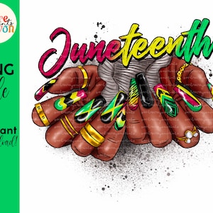 Puede incluir: Ilustración digital de una mano con arte de uñas colorido que presenta la palabra "Juneteenth" en una fuente colorida y estilizada.
