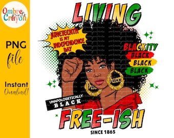 May include: Digital graphic featuring a Black woman with curly hair and gold hoop earrings. Text includes "Juneteenth is my Independence Day," "Unapologetically Black," and "Free-ish Since 1865." The design uses red, green, and yellow.