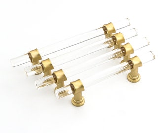 Brushed Brass Cabinet Pulls Arcylic Drawer Pulls - Acrylic Round Bar Series - Hole Centers(Knob,2.5",3",3.25,3.5,3.75,4",5",6.25",7.5",10")