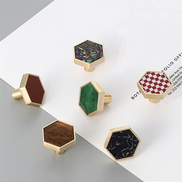 1.18"(30mm) Brushed Brass Knobs, Solid Modern Drawer Knobs Hexagon Knobs for Home, Kitchen, Bathroom, Office and More