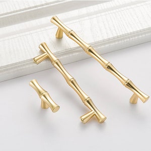 Bamboo Gold Cabinet Pulls Vintage Drawer Knobs Zinc Alloy Cupboard Handles - Bamboo Shape Series - Hole Centers(T-Bar Knob,96mm,128mm)