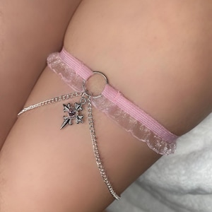 Frilly Custom Handmade Heart Sword Charm Thigh Garter with chains  -Perfect for festivals