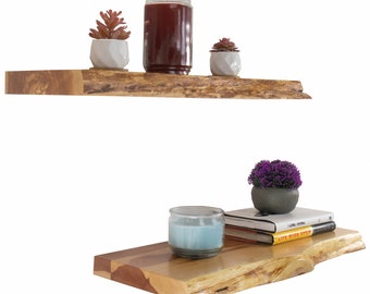 Rustic Wood Floating Shelves, Natural Cedar Slab Live Edge, Hand Finished and Sealed