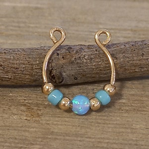Sterling silver/14k gold filled fake septum piercing with opal bead, Fake septum ring for non pierced nose, Faux septum, Fake piercing