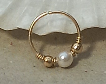Gold cartilage hoop with pearl and beads, Cartilage Helix Tragus Snug Rook daith Conch earring piercing, Sterling silver Gold filled hoop