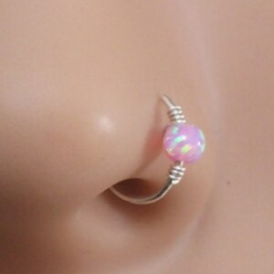 Pink opal nose ring hoop for pierced nose ,Sterling silver nose hoop, Gold nose ring, Stud nose ring, Nose piercing hoop, Opal nose piercing