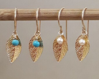 14k gold filled earrings, Pair leaves earrings, Dangle earrings, Gold leaves earrings, Drop earrings, Feathers earrings, Turquoise earrings