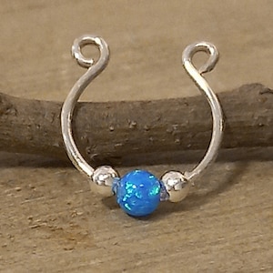 Sterling silver/14k gold filled fake septum piercing with opal bead, Fake septum ring for non pierced nose, Faux septum, Fake piercing