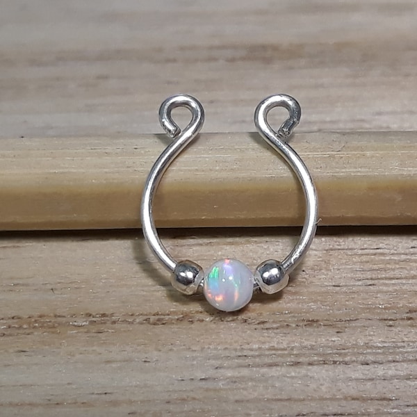 Sterling silver fake septum piercing with opal bead, Fake septum ring for non pierced nose, Faux septum, Septum cuff, Fake piercing, Septum