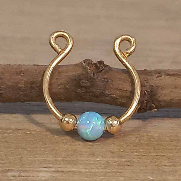 Sterling silver/14k gold filled fake septum piercing with opal bead, Fake septum ring for non pierced nose, Faux septum, Fake piercing