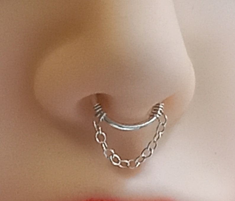 Fake septum , Faux septum for non pierced nose. Sterling silver fake septum with chain. image 1