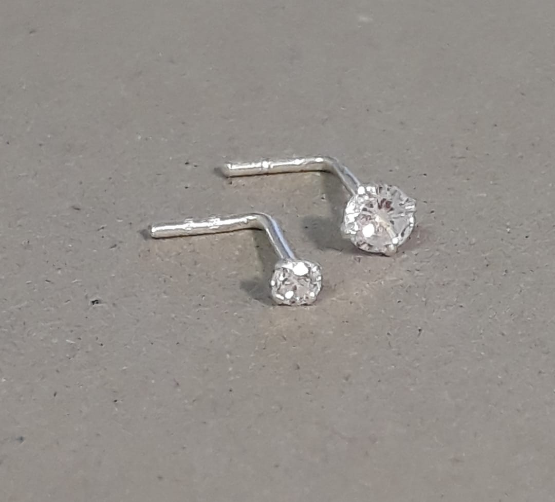 925 Sterling Silver Gemstone Nose Studs - Thin Dainty Crystal Pin Nose Screw Ear Bone L Shape Bend Piercing - Available In 1.5mm, 2.0mm And 2.,5MM - Foto 7
