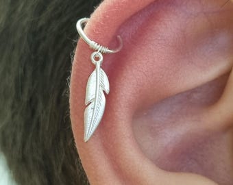 Feather Cartilage hoop earring, Feather Helix Tragus Daith Rook Snug earlobe piercing, Feather dangle hoop piercing jewelry, Feather earring