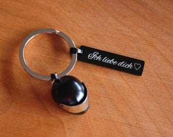 Porte-clés casque noir personnalisé avec visière pour permis de conduire et gravure personnalisée - Bonne route ! Permis moto - Fête des Pères