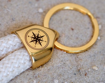 Porte-clés personnalisé en corde de voile avec pendentif doré, boussole et rose des vents