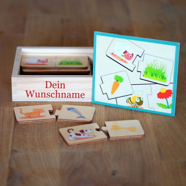 Puzzle Box mit Name personalisiert Memo aus Holz Tiere Kinderspielzeug Holzspielzeug ab 3 Jahren Geschenkidee Kind Lernspiel