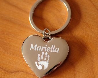 Porte-clés Cœur Brillant, Cœur, Naissance, Baptême, Empreinte de Main, Empreinte de Pied, Cadeau de Naissance, Cadeau Unique, Fête des Mères, Fête des Pères