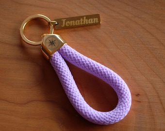 Porte-clés personnalisé en corde de voile avec pendentif doré, boussole et rose des vents