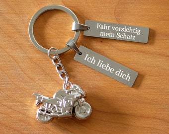 Key ring motorbike silver with desired engraving Bon voyage Drive carefully with two plates