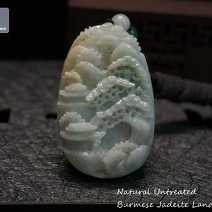 Romantic Sierra - Hand Carved Burmese Jadeite Landscape Pendant with String Necklace, Natural Untreated Grade A Jade (Certified)