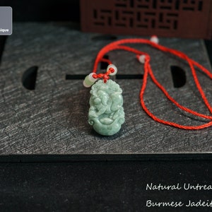 Jadeite Pig with String Necklace - Hand Carved Burmese Jadeite Pendant, Natural Untreated Grade A Jade