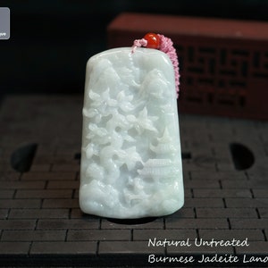 A Winter Getaway - Certified Burmese Jadeite Landscape Pendant with String Necklace, Natural Untreated Grade A Jade