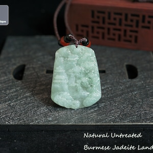 Hand Carved Landscape Pendant, Burmese Jadeite Pendant with String Necklace, Natural Untreated Grade A Jade