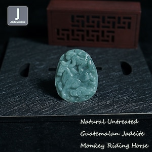 Jadeite Monkey on Horse Pendant for Necklace - Hand Carved Guatemalan Jadeite, Natural Untreated Grade A Jade (Certified)