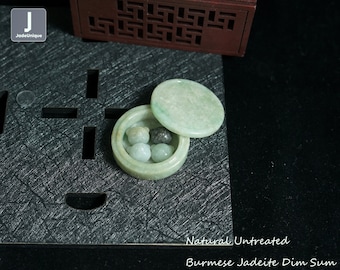 Jadeite Dim Sum Miniature - Hand Carved Burmese Jadeite Teddy Bear Buns and Steamer, Natural Untreated Grade A Jade (Certified)