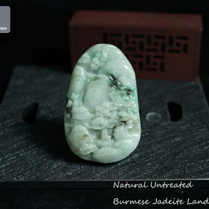 Jadeite Landscape Pendant - Hand Carved Burmese Jadeite for Necklace, Natural Untreated Grade A Jade (Certified)