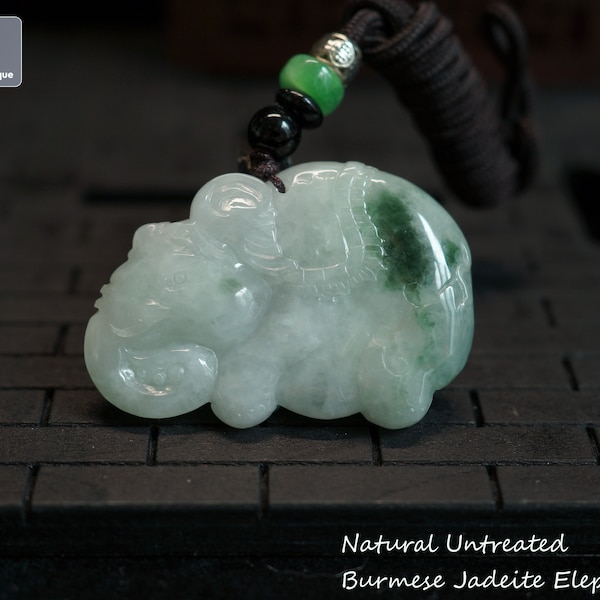 Jadeite Elephant Pendant with String Necklace - Hand Carved Burmese Jadeite, Natural Untreated Grade A Jade