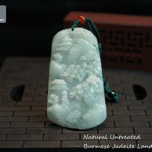Relaxing Outing - Hand Carved Burmese Jadeite Landscape Pendant with String Necklace, Natural Untreated Grade A Jade