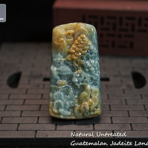 Scenery at Dawn - Hand Carved Jadeite Landscape Pendant for Necklace - Certified Guatemalan Jadeite Scenery, Natural Untreated Grade A Jade