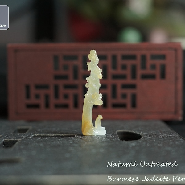 マインドフルネス ツリー - ネックレス用手彫りビルマ翡翠ペンダント、天然未処理グレード A 翡翠 (認定済み)
